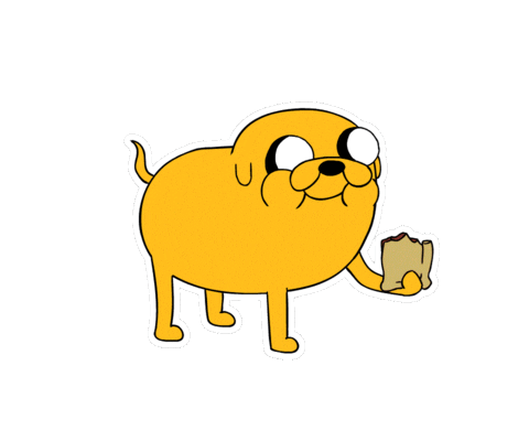Jake the dog from the cartoon Adventure Time. He is eating a sandwich