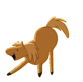 James Baxter from the cartoon Adventure Time.  James is a horse.  He is standing with his head down, a big smile on his face, and waving his bum and tail in exaggerated circles.